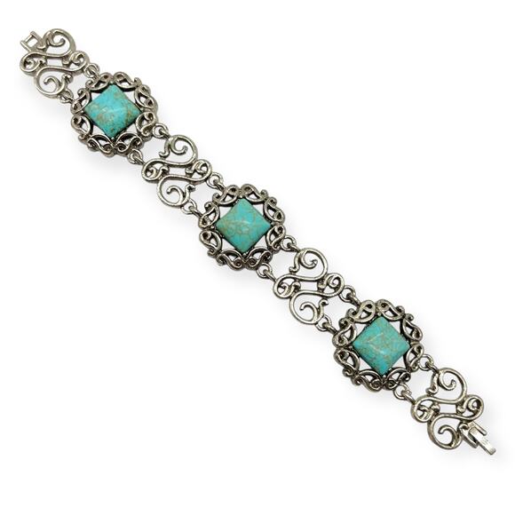 Balinese Silver Bracelet Turquoise Square Filigree Semi Precious Stone Howlite - Picture 8 of 13